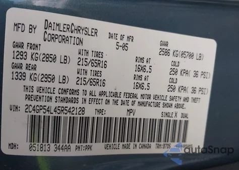 2005 Chrysler Town & Country Touring из США, поврежденный, VIN 2C4GP54L45R542128